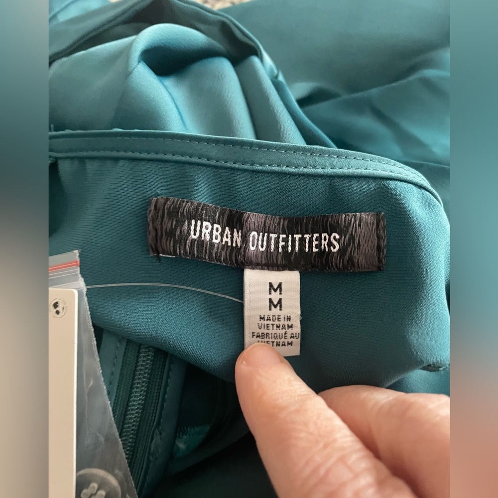 NWT Urban Outfitters Bri Double Bow Satin Mini Dress Teal Medium - Picture 8 of 9